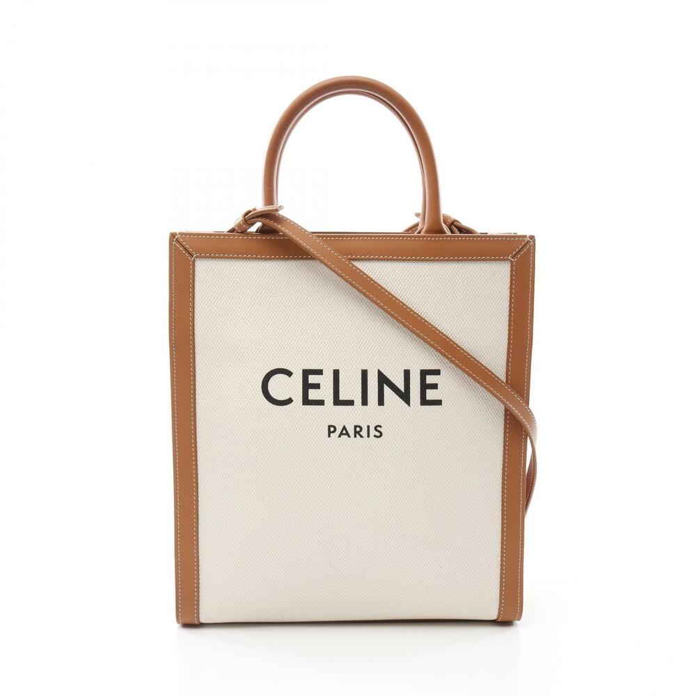 Celine Vertical Cabas Tote Bag Canvas Leather White Brown